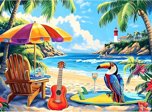 500 Piece Jigsaw Puzzle for Adults, Beach Scenery Jigsaw Puzzle, Chair and Guitar Jigsaw Puzzles, Seaside Lover Challenging Puzzles for Friends Family Activity Game Nights Gifts