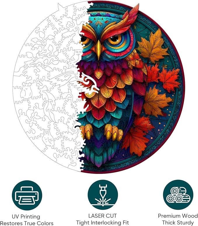 Wooden Puzzles for Adults, Colorful Owl Puzzles 200 Pieces, Unique Shaped Jigsaw Puzzles for Adults and Kids, Birthday Gifts Fun Challenge Family Game 11.2'' x 11.2''