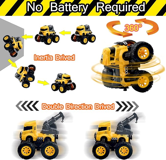Construction Truck Toys - 4 Pack Excavator, Mixer, Crane, Dump Trucks Push and Go Friction Powered Cars Monster Stunt Vehicles Playset Kids Birthday Party Favors Gifts for 3+ Year Old Boys Girls