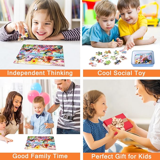 Mermaid Unicorn Puzzles for Kids Ages 4-8, 100 Pieces Jigsaw Puzzles for Kids Ages 3-5 Puzzle for Girls and Boys Learning Educational Puzzles Toys in a Metal Box