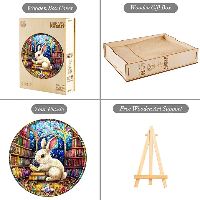 Wooden Puzzles for Adults, Wooden Jigsaw Puzzles for Adults Kids, Library Rabbit Unique Shaped Wood Puzzles Adult, Creative Birthday Gifts for Friends Family Game (11.4 * 11.4in 200pcs)