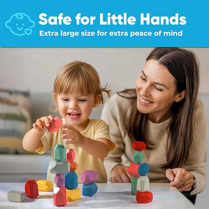 BUNMO 40pcs Wooden Stacking Toys - Montessori Educational Blocks for Toddlers, Non-Toxic, Safe, and Durable for Kids’ Creative Play and Learning