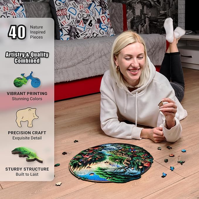 LEOGOR Wooden Jigsaw 350 Piece Puzzles for Adults (15 × 14.6 in), 350 Round Landscape Puzzle, Extra-Thick 5 mm Wood Puzzle Pieces, Unique Mosaic Shapes, Challenging and Beautiful Gift for Adults