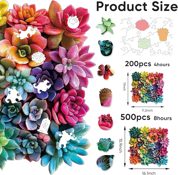 Ruikiyart Wooden Puzzles for Adults, 5MM 500 Pieces Succulent Wooden Jigsaw Puzzles,Plant Unique Shaped Puzzle Gifts for Adults and Kids on Thanksgiving,Challenging Family Puzzle Games(16.1"*15.9")