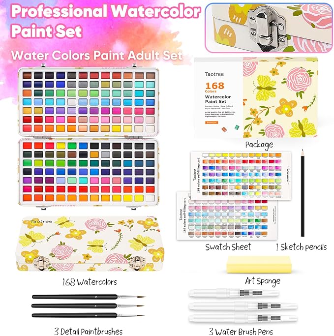 Taotree Watercolor Paint Set 168 Colors, Art Supplies Watercolors Kit Travel Water Colors with Paints Brushes, Crafts Painting Supplies, Drawing Gifts for Teens Girls Boys Kids Adults Artists