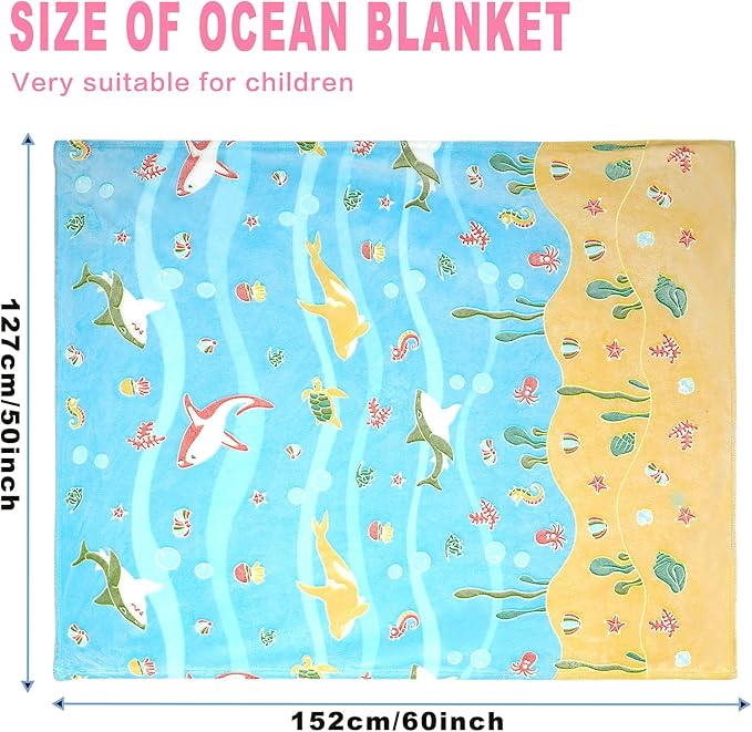 Wesan Glow in The Dark Blanket Ocean Fish Theme Gifts Kids Boys Teen Present Throw Adults Teenage Boys Room Decor Bedroom Camping Soft Cozy Plush Blanket Black 50"x60"