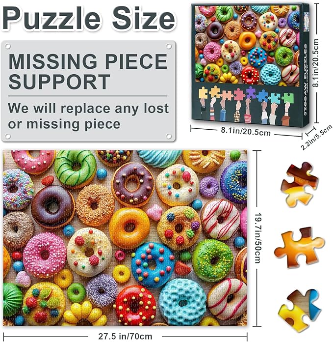 Jigsaw Puzzles for Adults 1000 Pieces - Delicious Donuts & Colorful Dessert Art, Challenging 1000-Piece Puzzle for Adults, Sweet Treats Design - 27.5x19.7 in