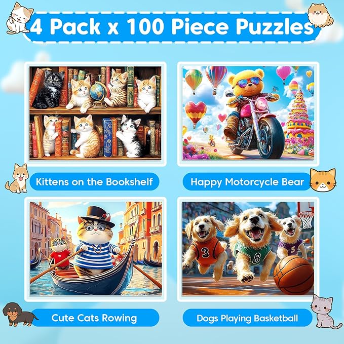 4 x 100 Piece Puzzles for Kids Ages 6-8 8-10 Year Old - Bear Cats & Dogs Large Piece Jigsaw Puzzles for Toddlers 5-8 100 Piece Puzzle for Adults Kids Learning Puzzle Toys Gifts for Girls Boys