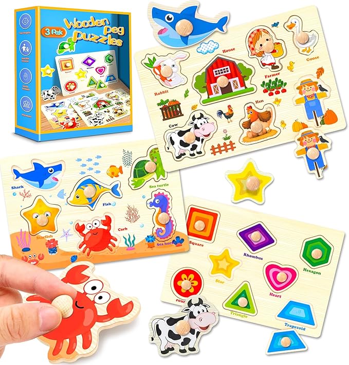 Wooden Peg Puzzles for Toddlers,Montessori Toddler Puzzles for Child,Fine Motor Skill Learning Puzzles Toys for Baby Boys Girls Gifts-3 Pcs Shape,Farm,Sea Animal