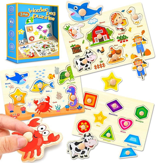 Wooden Peg Puzzles for Toddlers,Montessori Toddler Puzzles for Child,Fine Motor Skill Learning Puzzles Toys for Baby Boys Girls Gifts-3 Pcs Shape,Farm,Sea Animal