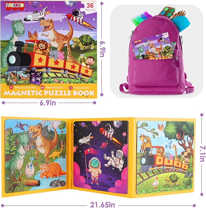 Magnetic Puzzles for Kids Ages 4-6, 36-Piece Toddler Travel Toys Animals and Space Puzzles Ages 3-5, Educational Learning Magnets, Ideal Road Trip Activities Toys for 3 4 5 6 Boys and Girls