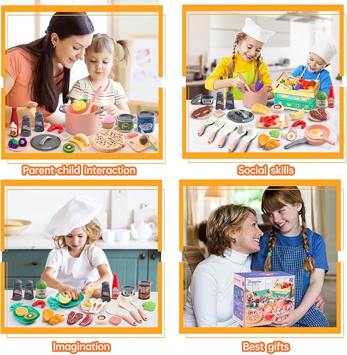 80pcs Pretend Play Kitchen Set for Toddlers, Kids Cookware Playset with Pots/Pans/Food/Fruits/Vegetables/Picnic Blanket/Storage Basket, Pink Educational Learning Toy Gift for Boys & Girls