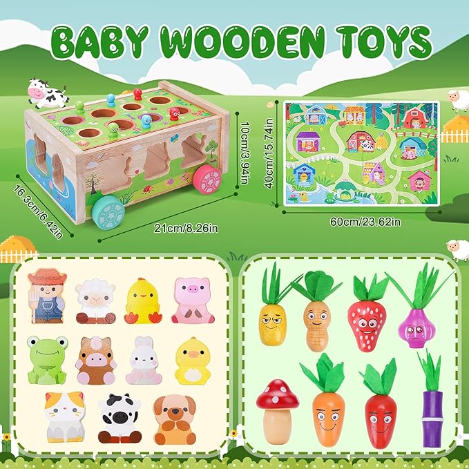 Toddler Montessori Wooden Farm Toys | Babies 12-18 Months Toy with Game Map for 1 2 3 Year Old Boys Girls | 1st First Birthday Gifts for 1-2 Years | Wood Learning Educational Toys Fine Motor Skills
