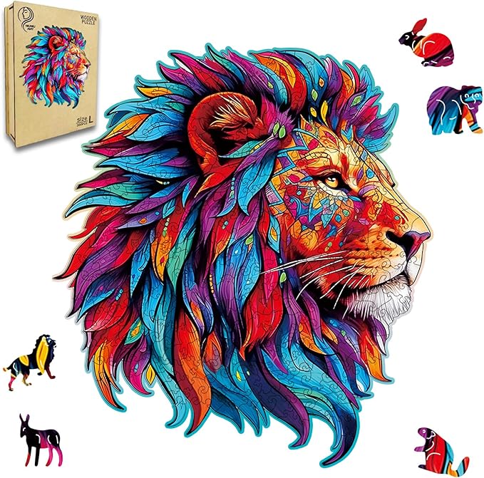 Wooden Puzzle for Adults,Lion Jigsaw Puzzles 300 Piece,Thanksgiving Birthday Gifts Family Game,Unique Shape Puzzle Challenge 14.9 x 14.9 Inch