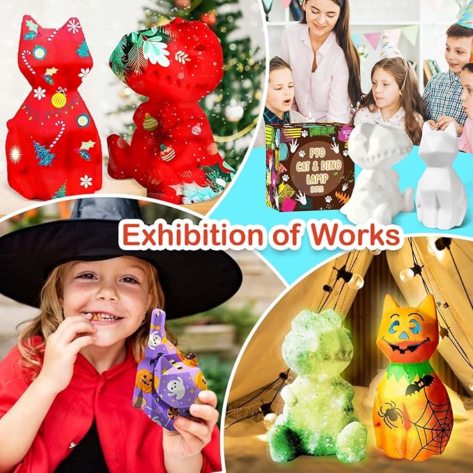 Goodyking Paint Your Own Cat & Dinosaur Lamp Art Kit 2pcs, DIY Night Light, Christmas Crafts for Teens, Painting Kit for Girls Boys Age 4 5 6 7 8+, Art Supplies Cat Craft Gift for Birthday, Party