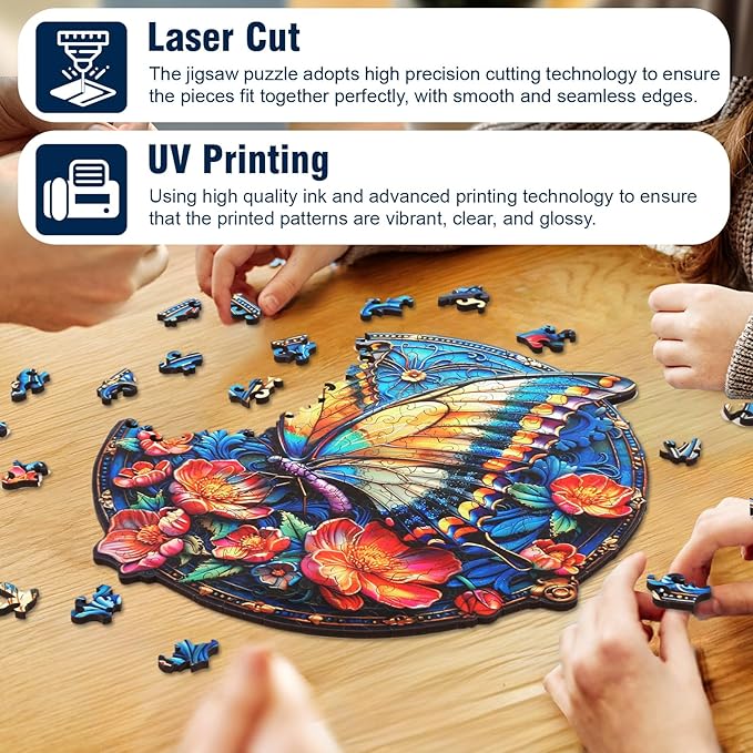 Wooden Puzzle for Adults, Butterfly Wood Puzzle, Wooden Jigsaw Puzzles with Exquisite Box, Unique Animal Shape Wood Cut Puzzles for Family Friend Puzzle Lovers, 200 Pieces 11.42" x 11.12"