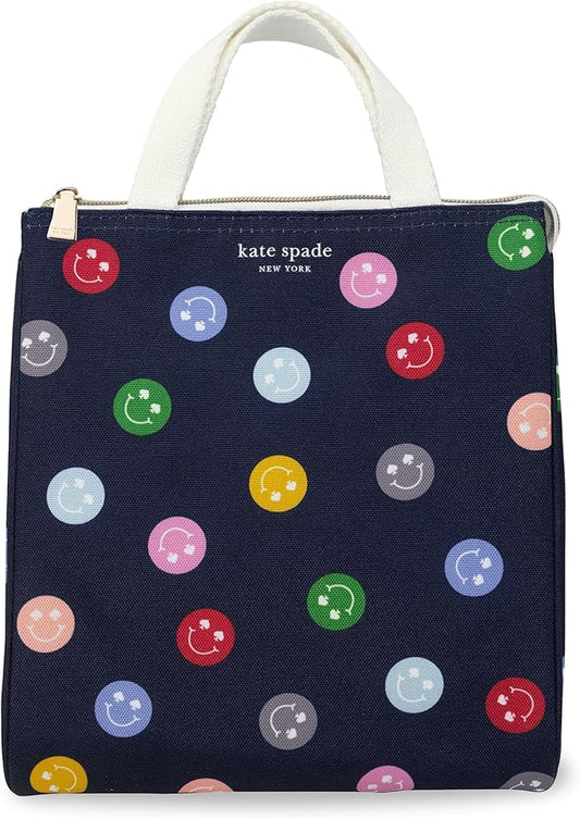 kate spade new york Cute Lunch Bag for Women, Large Capacity Adult Lunch Box with Silver Thermal Insulated Interior Lining and Storage Pocket (Spade Smiley)