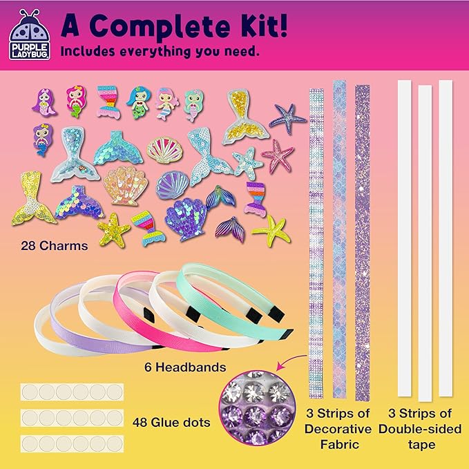 PURPLE LADYBUG Mermaid Headband Kit - Party, Sleepover, Playdates, Summer Activities for Girls, DIY Mermaid Hair Accessories & Crafts, Birthday Gift for Girls Ages 6-10