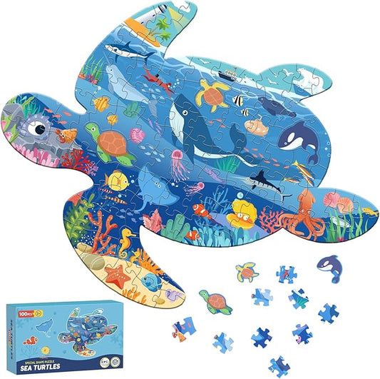 ELX 100 Piece Sea Turtle Jigsaw Puzzle for Kids Ages 4-10, Seaworld Animal Shaped Floor Puzzle Preschool Learning, Educational Learning Toys for Kid Boys Girls Ages 4 5 6 7 8 (21.42 X 16.42 in)