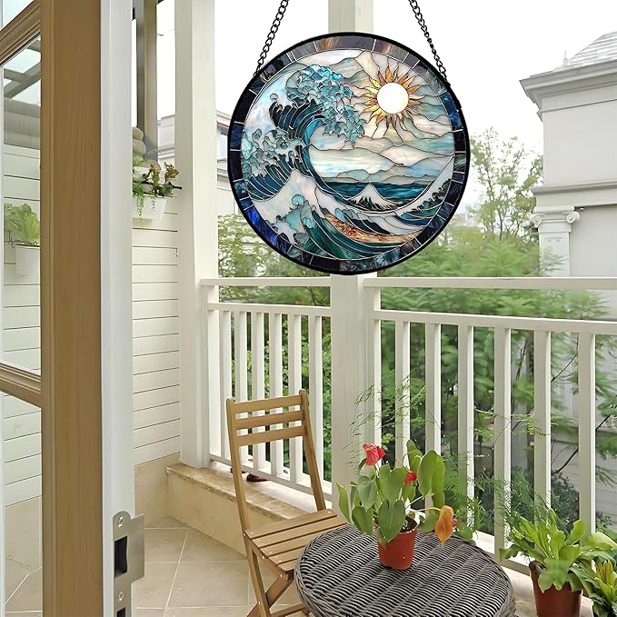 Stained Glass Window Hanging - White Sun Big Wave Suncatcher for Door Terrace Garden Home Decor Blue Ocean Landscape Sun Catcher Birthday Gifts for Lovers Women Men Dad Mom Nana 11.8 in
