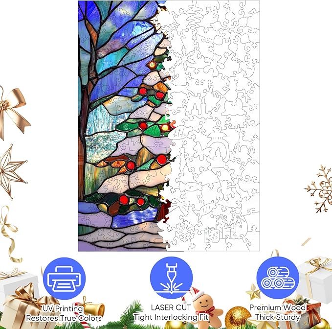 Wooden Puzzles for Adults, Christmas Tree Puzzles 200 Pieces, Unique Shaped Stained Glass Jigsaw Puzzles for Adults and Kids, Birthday Gifts Fun Family Game 11.8'' x 8.9''
