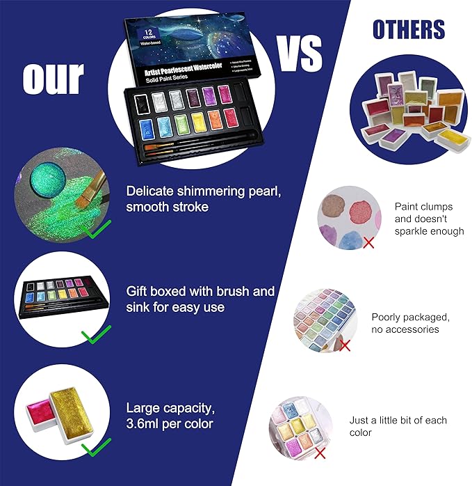 Shimmer Watercolor Paint Set, 12 Colors Glitter Metallic Watercolour Painting Sets, Solid Pearl Water Color Paints for Artists, Amateur Hobbyists and Painting (12 Colors)