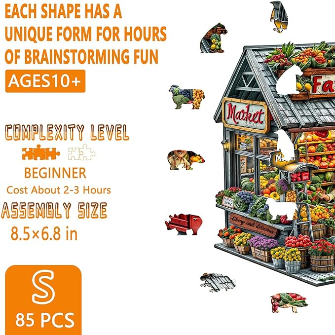 Wooden Puzzles for Adults - Farmers Market Wooden Jigsaw Puzzle, Unique Shape Wood Puzzles Adult, Gifts for Family and Friends, Wall Art Home Decor (S-8.5 * 6.8in -85 Pieces)