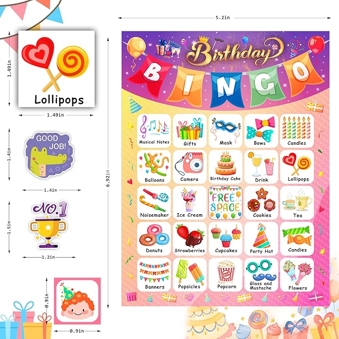 Birthday Bingo Game for Kids Toddlers 24 Players Happy Birthday Bingo Cards with 40Pcs Reward Stickers School Family Party Favors Gifts Classroom Activities Board Game Holiday
