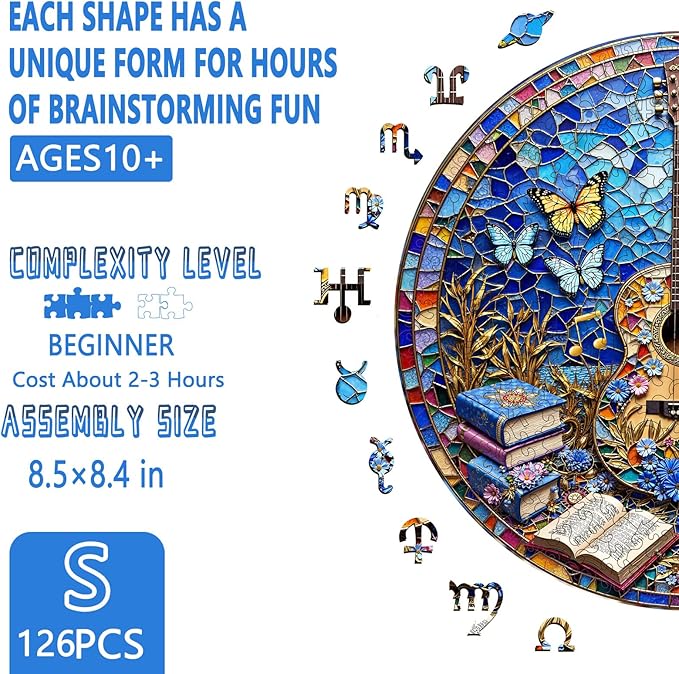 Wooden Puzzles for Adults, Stained Glass Guitar Wooden Jigsaw Puzzle for Adults, Music Books Wood Puzzles Adult, Unique Shape, Fun Presents for Friends, Wall Art Home Decor(S -8.5 * 8.4in-126 pcs)