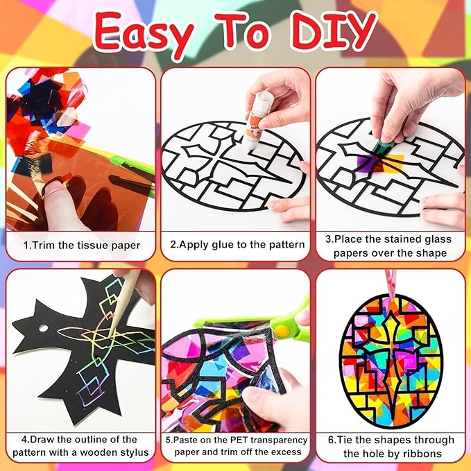 EggSun 36 Sets Cross Church Suncatcher Crafts for Kid Relgious Stained Glass Window Arts and Crafts Suncatcher Kit for Sunday School Thanksgiving Christmas Home Party Decorations