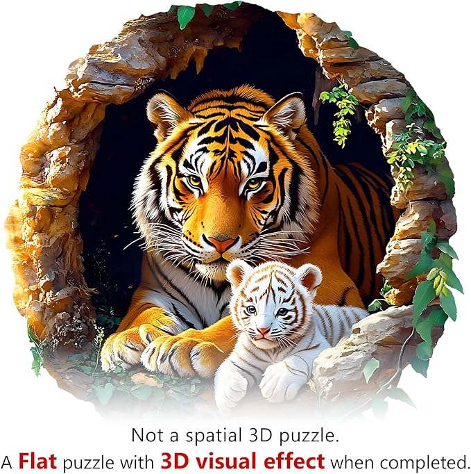 Wooden Puzzle 3D Visual Effect Lion Unique Shape Advanced Wood Puzzle for Adults,Holiday Birthday Gift,Craft kit (Tiger Maternity, Medium)
