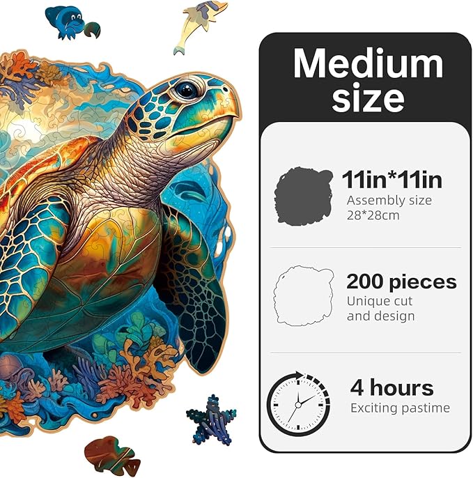 Wooden Puzzle,Coral Sea Turtle Jigsaw Puzzles 200 Piece,Fun Challenging Puzzles Family Game Gift,Unique Shape Puzzles for Adults 11 x 11 Inch