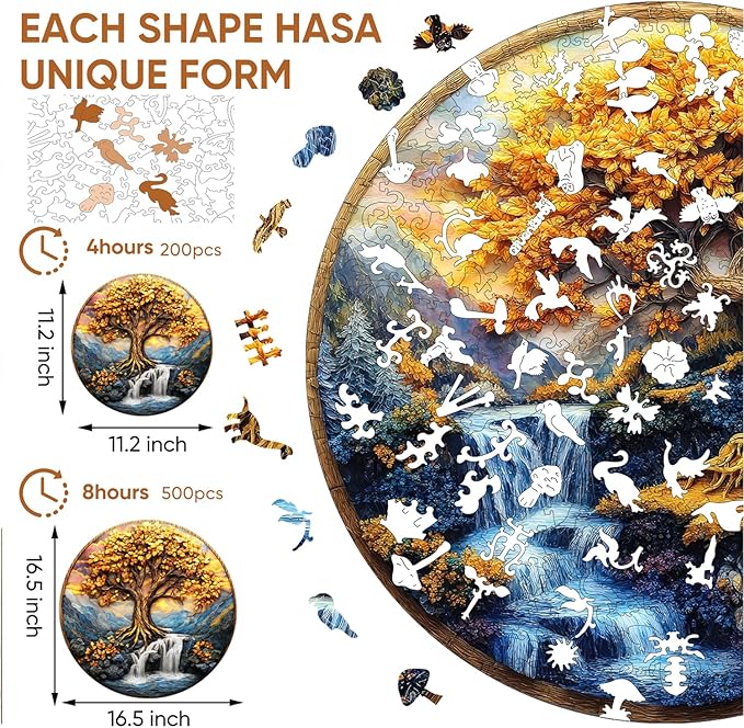 Wooden Puzzles for Adults, Tree of Life Waterfall River Wooden Jigsaw Puzzles 200pcs,11.2x11.2in, Medium, Unique Shape Adult Puzzles,Irregular Creative for Adults and Kids Family Game