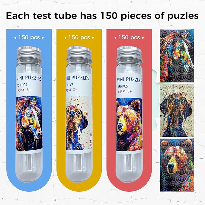 150 Pieces Mini Jigsaw Puzzles for Adults & Kids,6 x 4 Inches,Mini Puzzles,Travel Puzzle,Small Micro Puzzles,Challenging Difficult Puzzle,3 Pack Oil Painting Style Animals