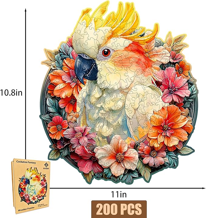 Wooden Jigsaw Puzzle, 200-500 Pieces Unique Shape Animal Puzzle, for Adults & Kids, Birthday Gift Family Game, Decorative Puzzle, Unique Gift (Cockatoo Fantacy, 200 PCS)