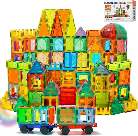 EchoPlan Magnetic Tiles, 130PCS Magnetic Blocks with 2 Cars, Magnet Tiles 3D Clear Building Blocks Set, STEM Sensory Educational Toys Gift for Toddlers Kids Boys 3 4 5 6 7 8 9+ Year Old