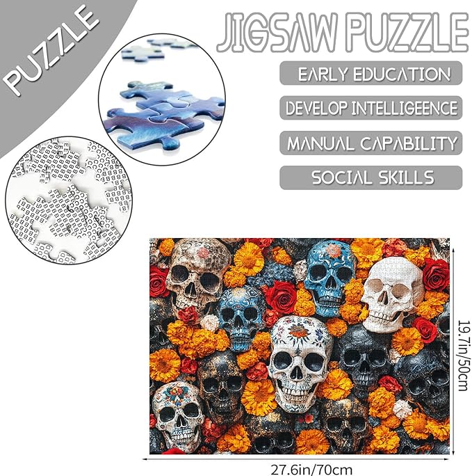 Tucocoo 1000-Piece Jigsaw Puzzle, Skull Art, Day of the Dead, 19.69 x 27.56 inches, Cardboard, 14+ Years, 1 Set, 1 Puzzle, 1000 Pieces, 1 Box, Perfect for Home Decor, Family Game Nights
