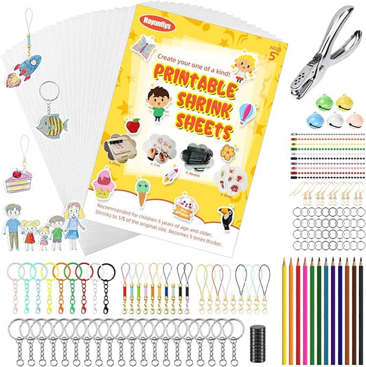 Hayunfiys Shrinky Plastic Sheets Kit, Shrink Paper Keychains and Open Iron Ring for Kids DIY Creative Craft Marking (219 PCS)