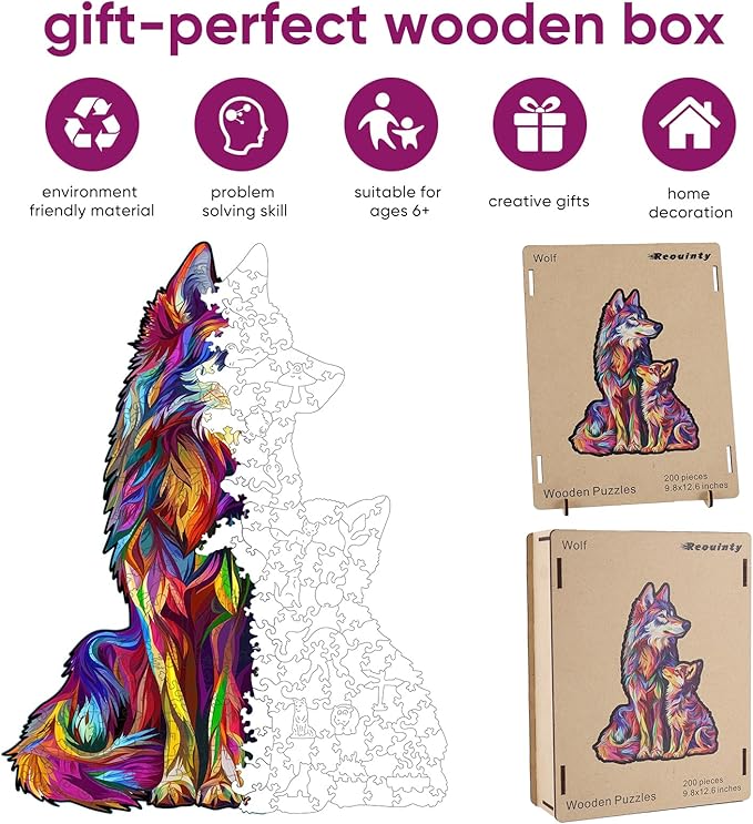 Wooden Puzzles for Adult, Wolf Family Jigsaw Puzzles 200 Pieces, Unique Shaped Animal Wood Adult Puzzle, Best Gifts for Adults and Kids Family Games 9.8 * 12.6inches