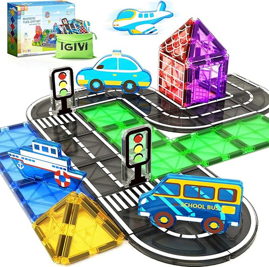 Magnetic Tiles Road Set, Magnetic Building Blocks for Toddlers, STEM Construction Toys for Kids Ages 3+, Gifts Toys for Boys & Girls - 38 PCS