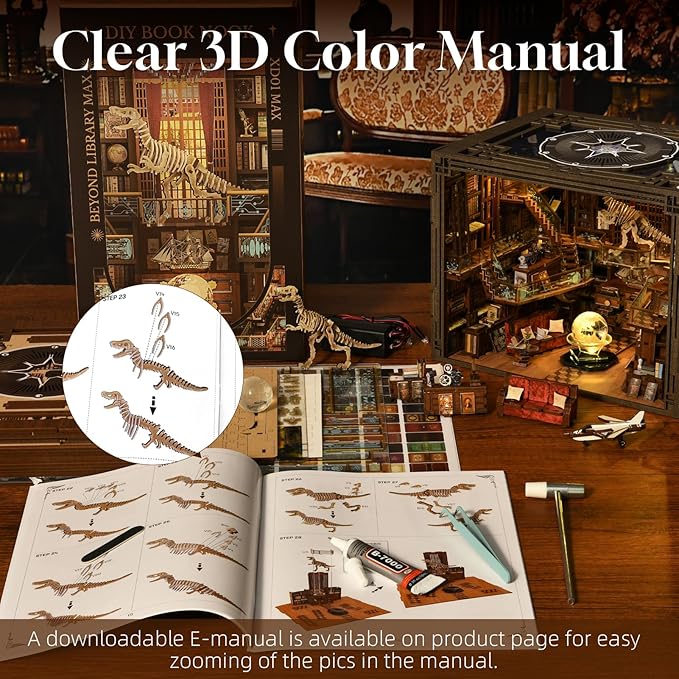 DIY Book Nook Kit for Adults, 3D Wooden Puzzle Bookend Bookshelf Insert Decor with LED Light and Dust Cover (Beyond Library Max)