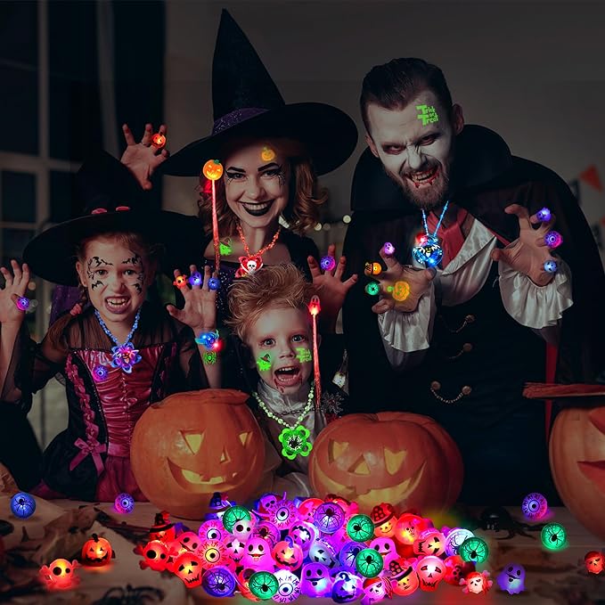 84 PCS Halloween Party Favors for Kids, Glow In The Dark Halloween Toys Bulk Light Up Rotating Necklace LED Ring Bracelet Hair Lights Halloween Treats Classroom Prizes Goodie Bag Filler Trick or Treat