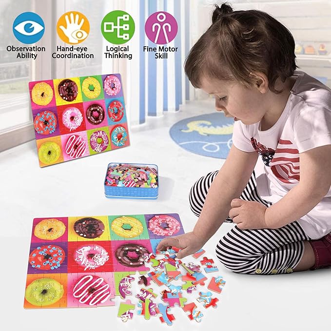 LELEMON Puzzles for Kids Ages 4-8,Donut Puzzle 100 Piece Puzzles for Kids Ages 4-6 in a Metal Box,Educational Jigsaw Puzzles 100 Piece Puzzle Games Toys for Girls and Boys