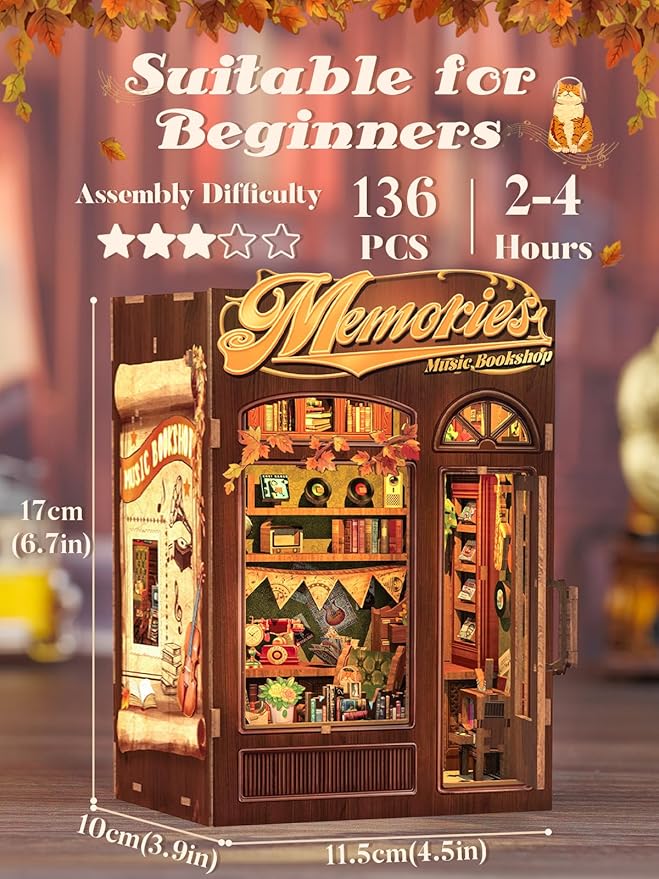 Cutefun Book Nook Kit - DIY Miniature House Kit for Bookshelf Decor, Book Nook Kits for Adults & Beginners, 3D Wooden Puzzle Dollhouse, Ideal Gift for Book Lovers (Memories Music Bookshop)