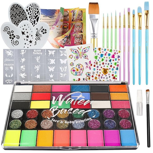 Pintada 42 Color Face Painting Kit for Kids - Non Toxic Water Activated Face Paint Palette With Stencils, Brush, Gems. For Carnival, Halloween, Costume Makeup and Any Creative Activity with Kids