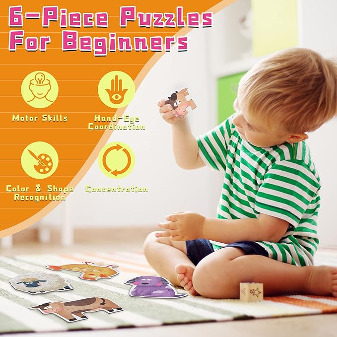 FLYINGSEEDS 6 Packs Farm Animals Shaped Wooden Jigsaw Puzzles with Pattern Blocks for Beginner, Toddler Puzzles Ages 1-3, Montessori Learning Toys Preschool Educational Activity for Kids Ages 2-5