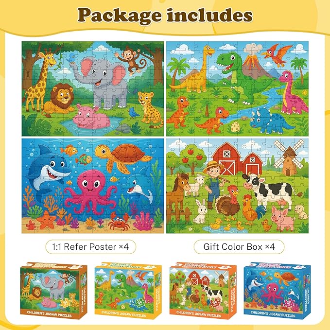 4-Pack 100 Piece Puzzles for Kids Ages 4-6 6-8 8-10, Farms Dinosaurs Seaworld Wildlife Kids Puzzles Ages 3-5 4-6 5-8 8-10, Learning Educational Kid Jigsaw Puzzles Toys for Girls and Boys (15x10 in)