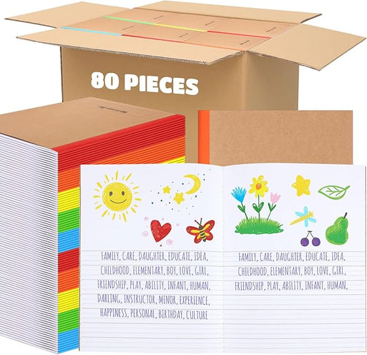 Henoyso 80 Pack Bulk Primary Composition Notebooks for Kids - Wide Ruled Journal with Picture Space, 60 Pages, Rainbow Spine, 9.75 x 7.5 in for Office, School, Journaling, Back to School Supplies