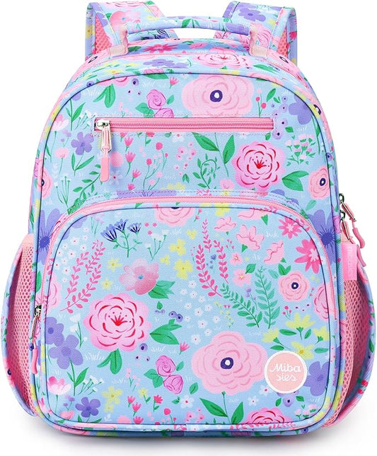 mibasies Kids Backpack for Girls: Girls Backpack 5-8 - Kindergarten Elementary School Bookbag for Girl - Flower Light Blue