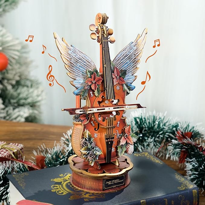 3D Wooden Puzzles for Adults,3D Wooden Christmas Cello Puzzle - 82PCS Mechanical Music Box,DIY Desk Decor & Creative Gift for Adults, Teens
